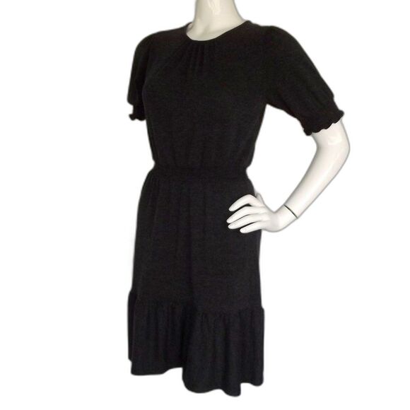LOFT Dress, XS, Charcoal Gray Heathered Knit, Smocked Flounce, Short sleeves - Picture 4 of 15